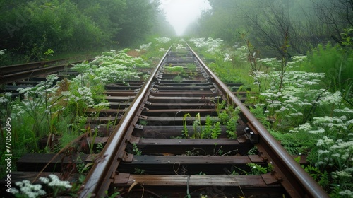 Fantastic abandoned railroad track stretching straight across a field covered with greenery and pale flowers, illustration made with Generative Ai