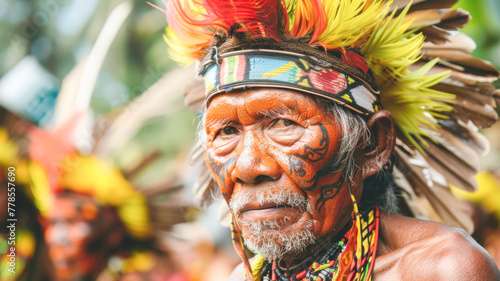 Elderly Tribal Leader with Elaborate Facial Decorations. Indigenous Tradition: