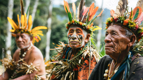 Tribal Elders. Indigenous Leaders in Traditional Attire Amidst Lush Jungle