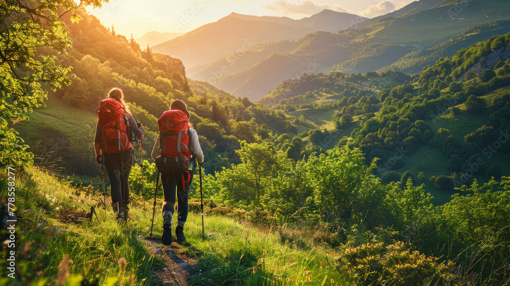 Adventure Trekking. Hikers Exploring Scenic Mountain Trail at Sunrise Adventure Trekking. Hikers Exploring Scenic Mountain Trail at Sunrise