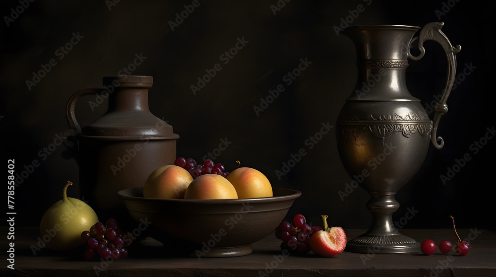 Renaissance Inspired Still Life, Rich Textures of Fruits on Table