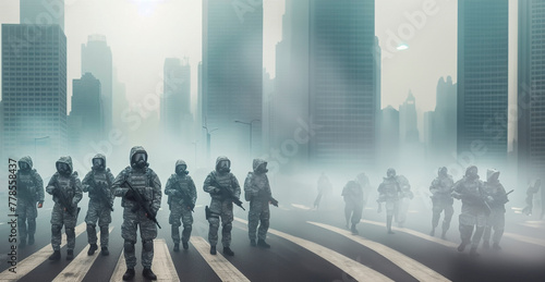 Conceptual image of a group of soldiers walking on the road.