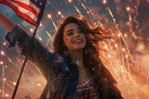 Patriotic Woman Celebrating Independence Day with American Flag and Fireworks