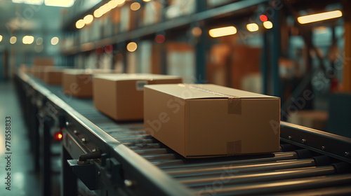 Cardboard boxes are transported on a conveyor belt in a modern warehouse photo
