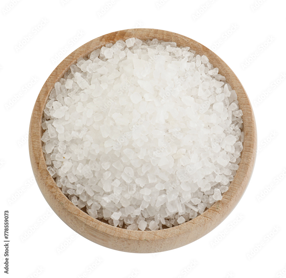 Natural salt in wooden bowl isolated on white, top view Natural salt in wooden bowl isolated on white, top view