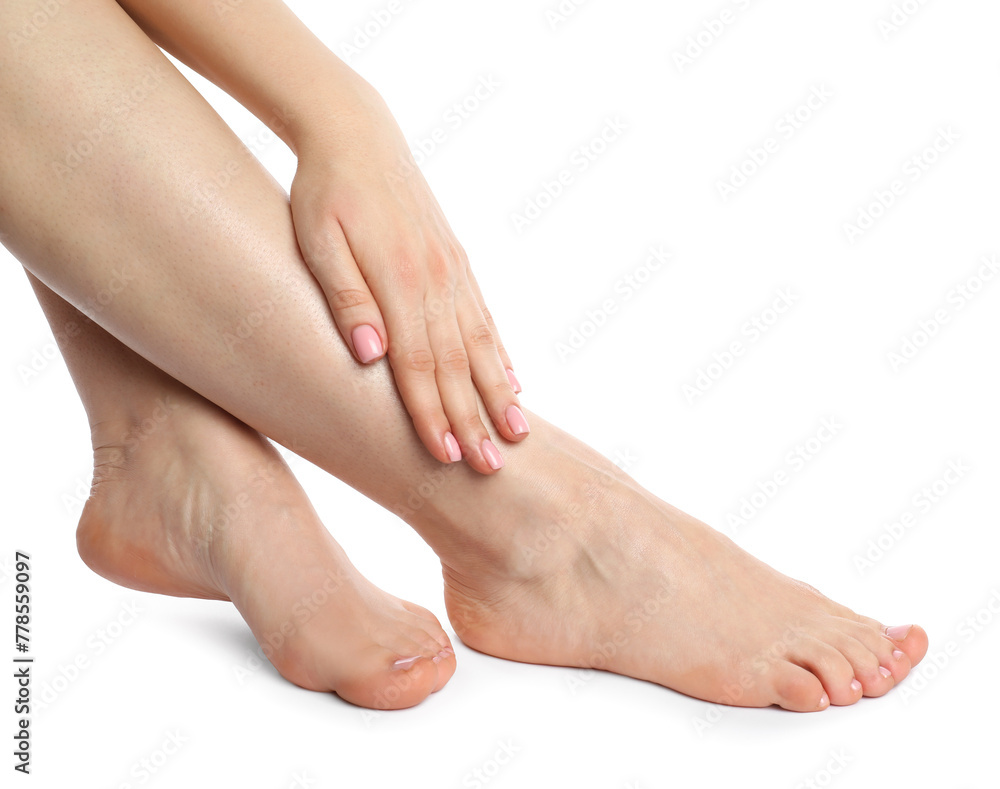 Woman with neat toenails after pedicure procedure isolated on white, closeup Woman with neat toenails after pedicure procedure isolated on white, closeup