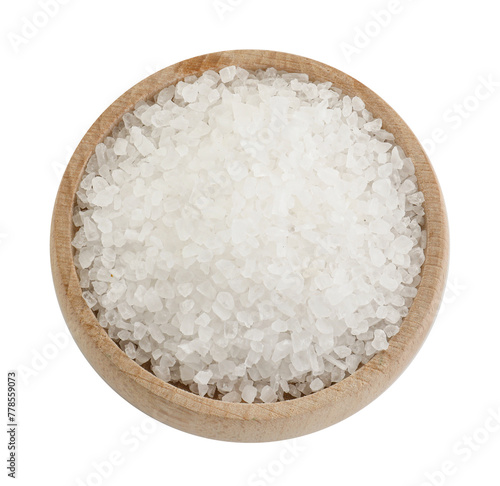 Natural salt in wooden bowl isolated on white, top view
