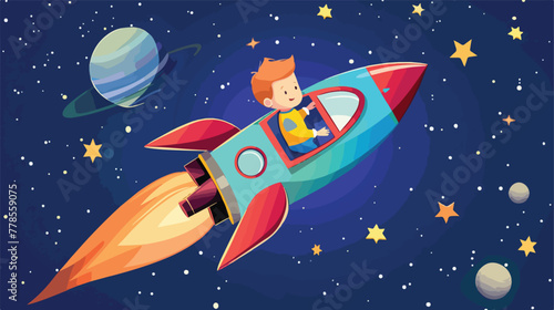 Cartoon of little boy in a rocket flying through sp