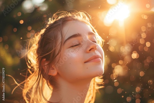 Peaceful Young Woman with Sunlit Dewy Skin, Enjoying a Gentle Summer Breeze