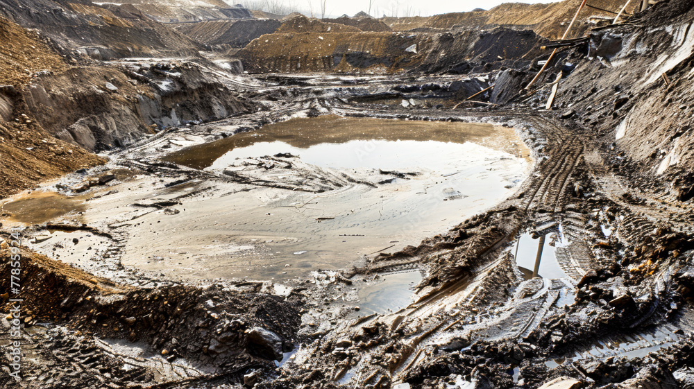 Desolate Quarry. Murky Waters Amidst Barren Landscape, Symbolising Environmental Damage Desolate Quarry. Murky Waters Amidst Barren Landscape, Symbolising Environmental Damage