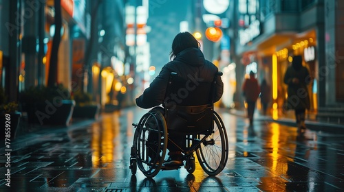 Resilient Wheelchair User Through a Rainy, Glowing Cityscape