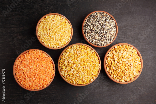 A bowl of mixed lentils that are widely used in India. Lentils are Red lentil, Mung bean, Black gram, Pigeon pea and split Chickpea.