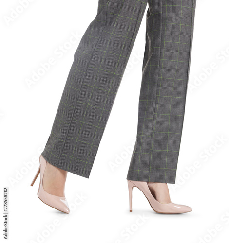 Businesswoman in beige shoes on white background, closeup