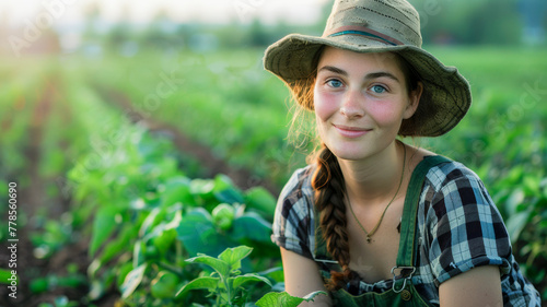 Happy female farmer in vegetable garden, wearing hat and checkered shirt. Organic farm surrounded by mountains, natural lighting.