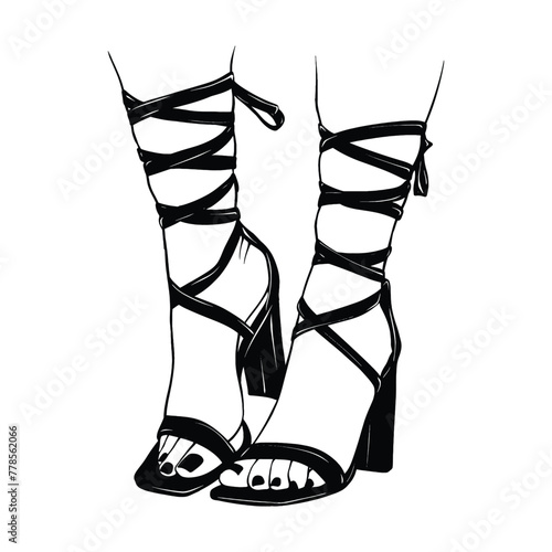 Female legs with lace up high heels shoes. Hand drawn sketch vector illustration line art