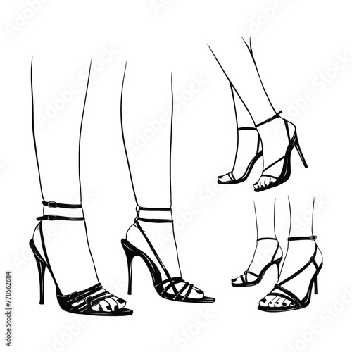 Set female legs with high heeled sandals. Hand drawn sketch vector illustration line art