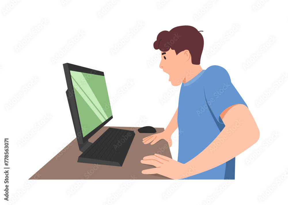 Man angry at his computer. Boss complains to his subordinates about the employees working late. Flat style vector Man angry at his computer. Boss complains to his subordinates about the employees working late. Flat style vector