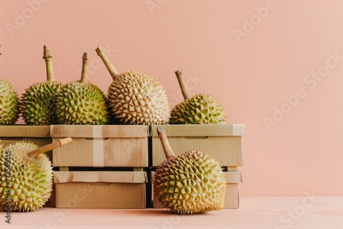ripe durians in craft boxes on the table. Smelly fruit. Thailand. Vietnam. Background. Postcard photo