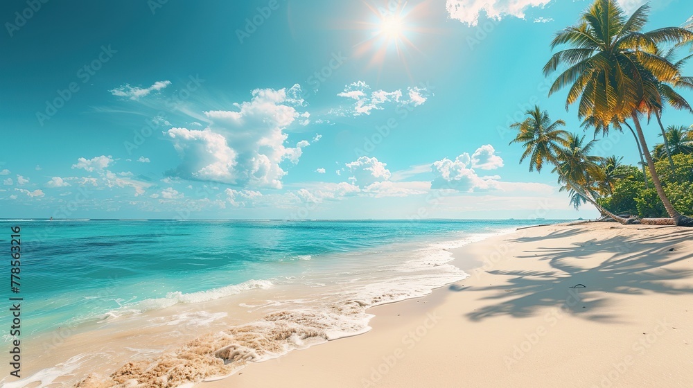 Beautiful tropical beach banner. White sand and coco palms travel tourism wide panorama background concept. Amazing beach landscape Beautiful tropical beach banner. White sand and coco palms travel tourism wide panorama background concept. Amazing beach landscape