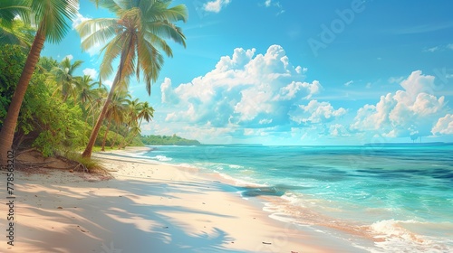 Beautiful tropical beach banner. White sand and coco palms travel tourism wide panorama background concept. Amazing beach landscape © JetHuynh