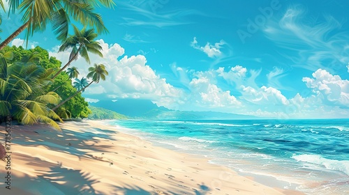 Beautiful tropical beach banner. White sand and coco palms travel tourism wide panorama background concept. Amazing beach landscape © JetHuynh