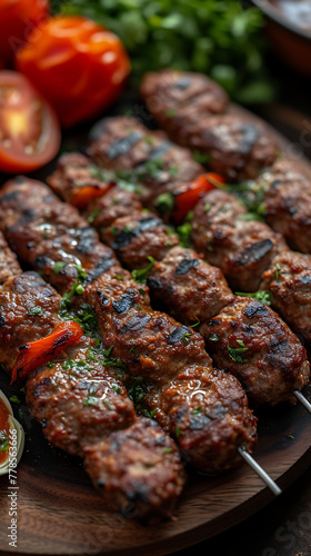Persian Koobideh Kabab Grilled Minced Meat Skewers, Delicious food style, Horizontal top view from above