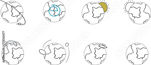 A set of icons or pictures in the form of a planet and additional elements. Other objects include a space satellite, the sun, asteroids, an airplane and a sea ship.