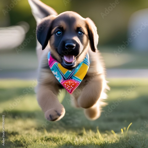 A playful puppy with a colorful bandana, chasing its own shadow in the grass1 photo