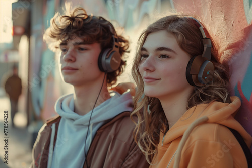 Young couple listening to music, experiencing the joy of music as they share headphones and melodies