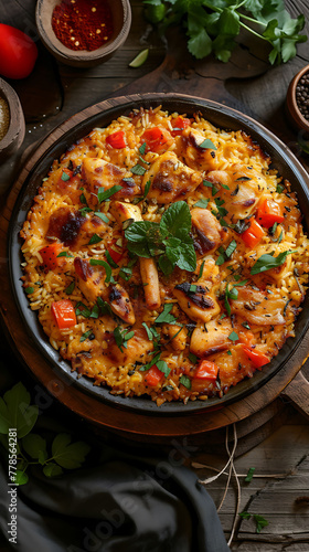 Persian Tahchin Saffron Rice Cake with Chicken, Delicious food style, Horizontal top view from above