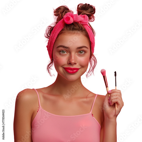 Young woman with makeup brushes and cheerful expression © Mustafa