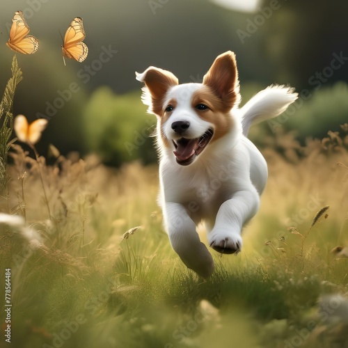 A happy puppy with a wagging tail, chasing a butterfly in a sunlit meadow3 photo