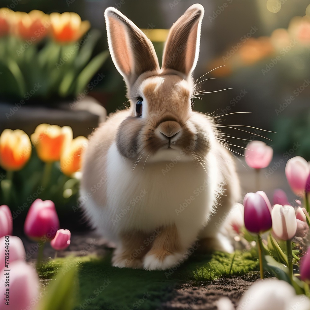 Fototapeta premium A fluffy bunny with soft fur, hopping through a garden of tulips4