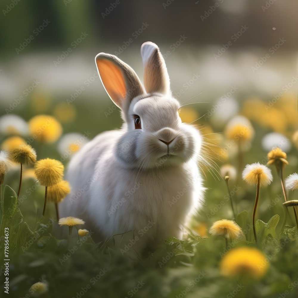 Fototapeta premium A fluffy bunny with long ears, hopping through a field of dandelions3