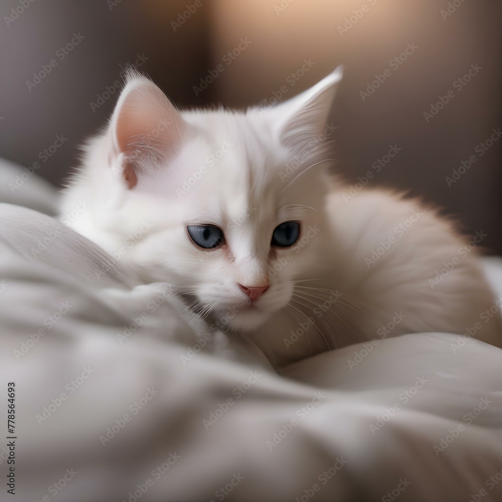 A sleepy kitten snuggled up in a pile of soft pillows, with a peaceful expression1