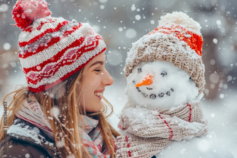 Smiling Young Woman in Winter Clothing Enjoying Time with a Cute Snowman in a Snowy Landscape Smiling Young Woman in Winter Clothing Enjoying Time with a Cute Snowman in a Snowy Landscape