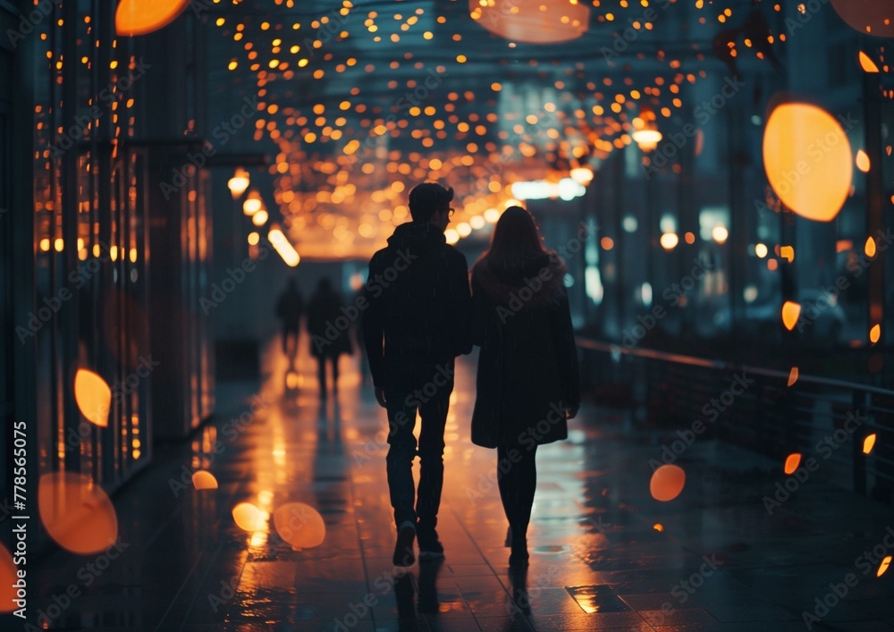 Romantic Couple Walking in Rainy City at Night Under Glowing Lights