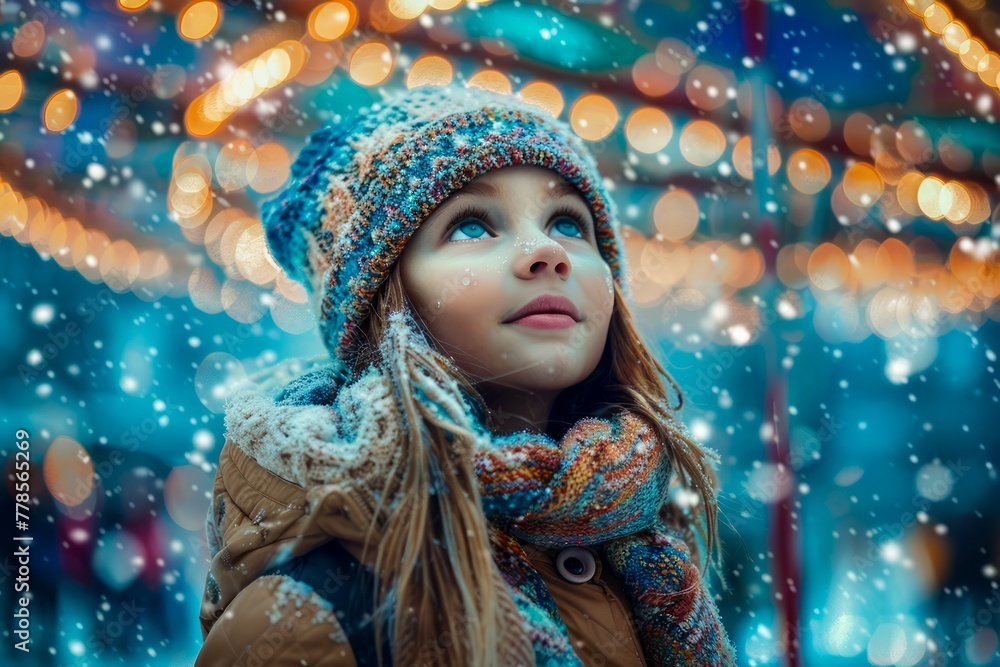 Portrait of a Young Girl in Winter Clothing Looking Up with Wonder at Falling Snowflakes Against a Bokeh Background