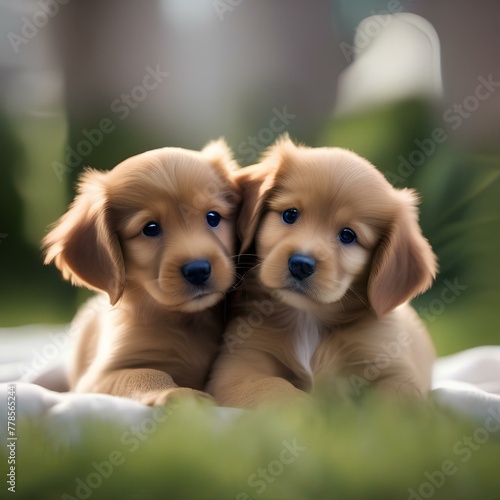 A pair of puppies with wagging tails, nuzzling each other affectionately4 photo