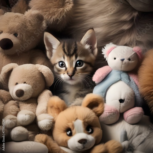 A curious kitten with big ears, peeking out from a pile of stuffed animals with wide eyes3 © Ai.Art.Creations