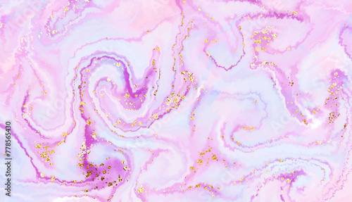 Abstract liquid marble painting background design with smooth waves and gold sequins.