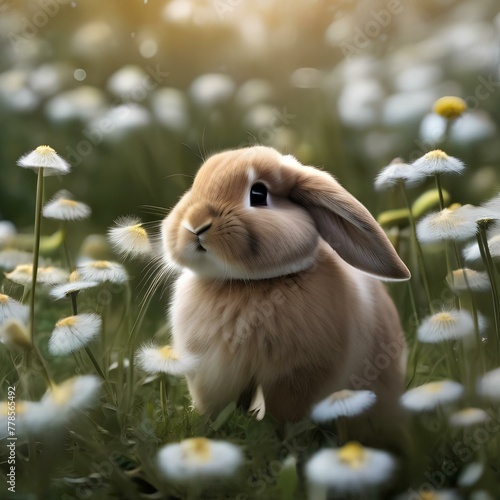 A fluffy bunny with long ears, hopping through a field of dandelions4