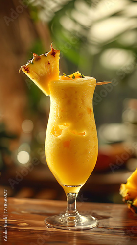 Pineapple Mango Madness Shake Garnish with a slice of pineapple and a mango wedge on a skewer, blur background, delicious food style, natural look