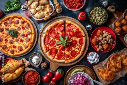 Foodie concept of delicious pizza on wooden board with dip sauce and many Italian food dishes isolated on black background, shot in a studio.