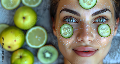 woman with cucumber and lime on face, Radiant Beauty: Girl Embracing Citrus Elegance. Body care and Health concept. Citrus Radiance: Girl Embracing Elegance. Green monochromatic mastery