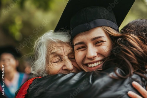portrait of a graduate wearing a graduation cap. congratulation. hugs from relatives. Master's degree. Bachelor. Graduation.
