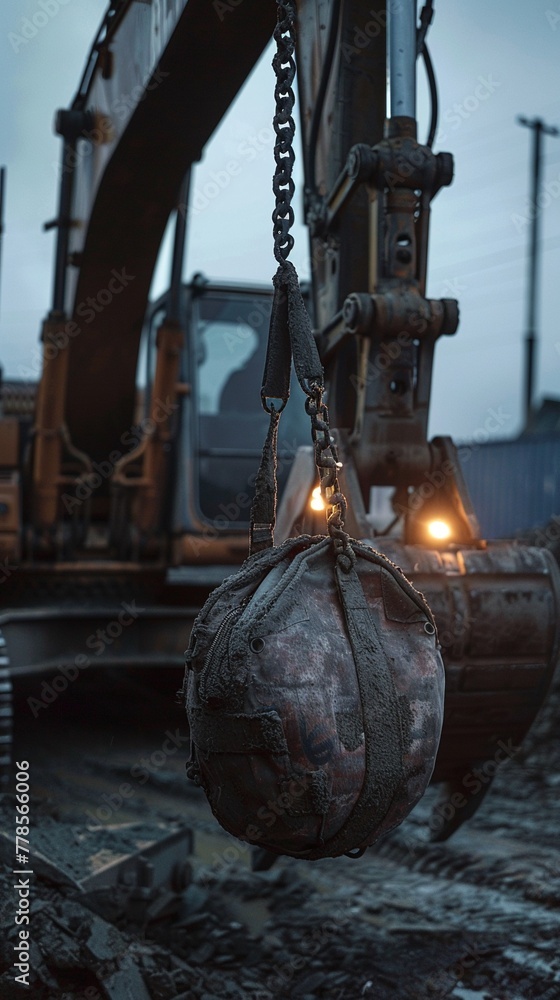Dust mask hanging from an excavator bucket, dusk, side angle, moody atmosphere