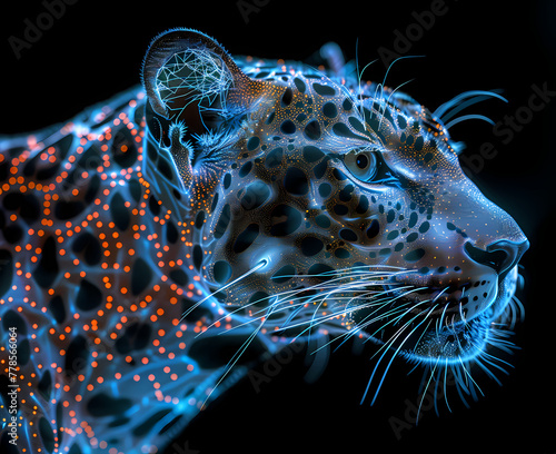 A digital art piece featuring a leopard with a dazzling neon dotted design on a dark background symbolizing technological innovation