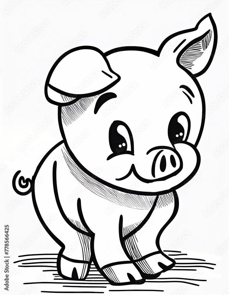 Black and white simple cartoon pig, coloring page. Black and white simple cartoon pig, coloring page.