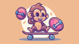 Cute monkey ride a skateboard icon illustration vec